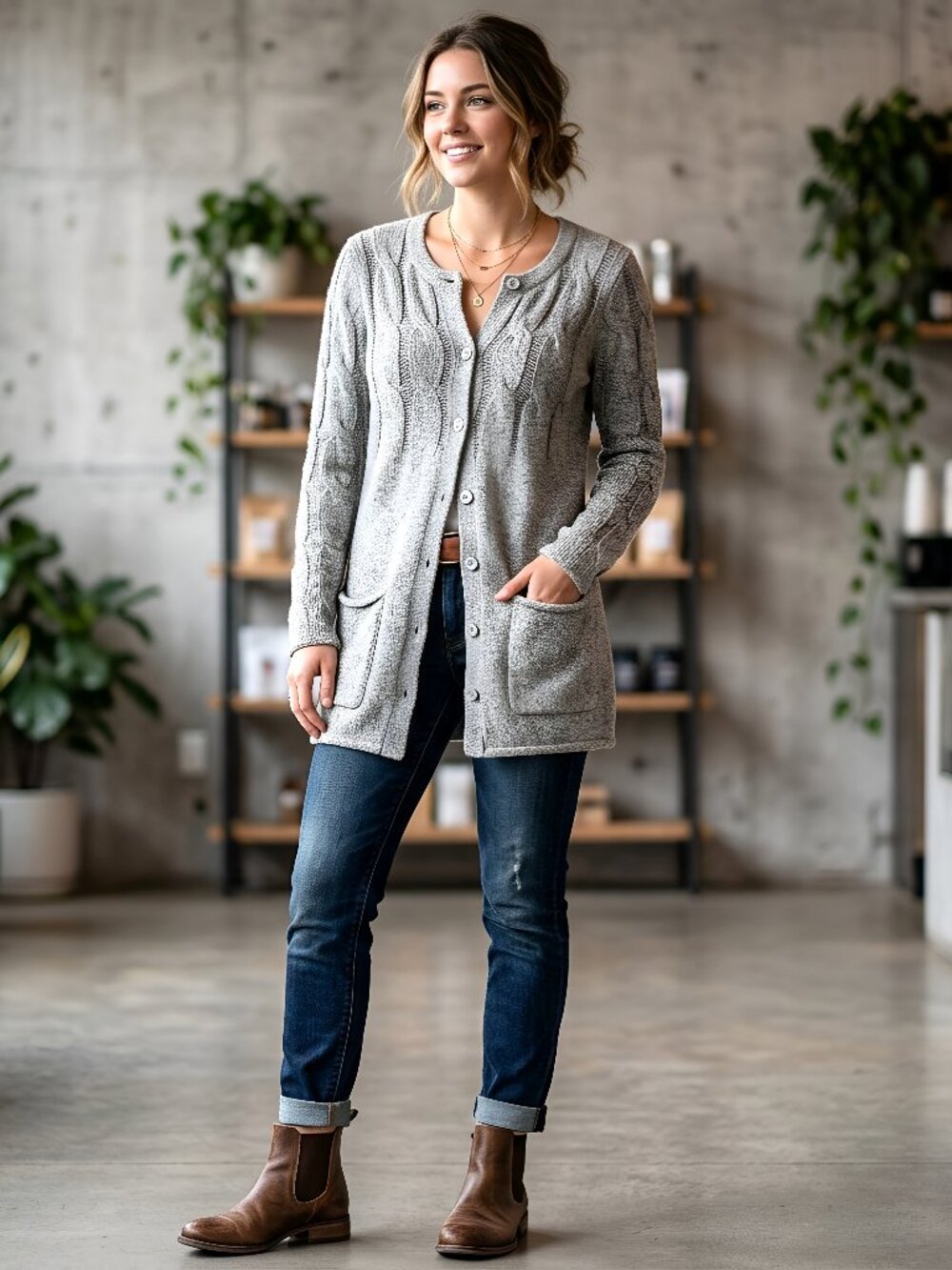 J.Jill Long Cardigan Womens Small Gray Marled Duster Cable Knit Pockets Roll Hem